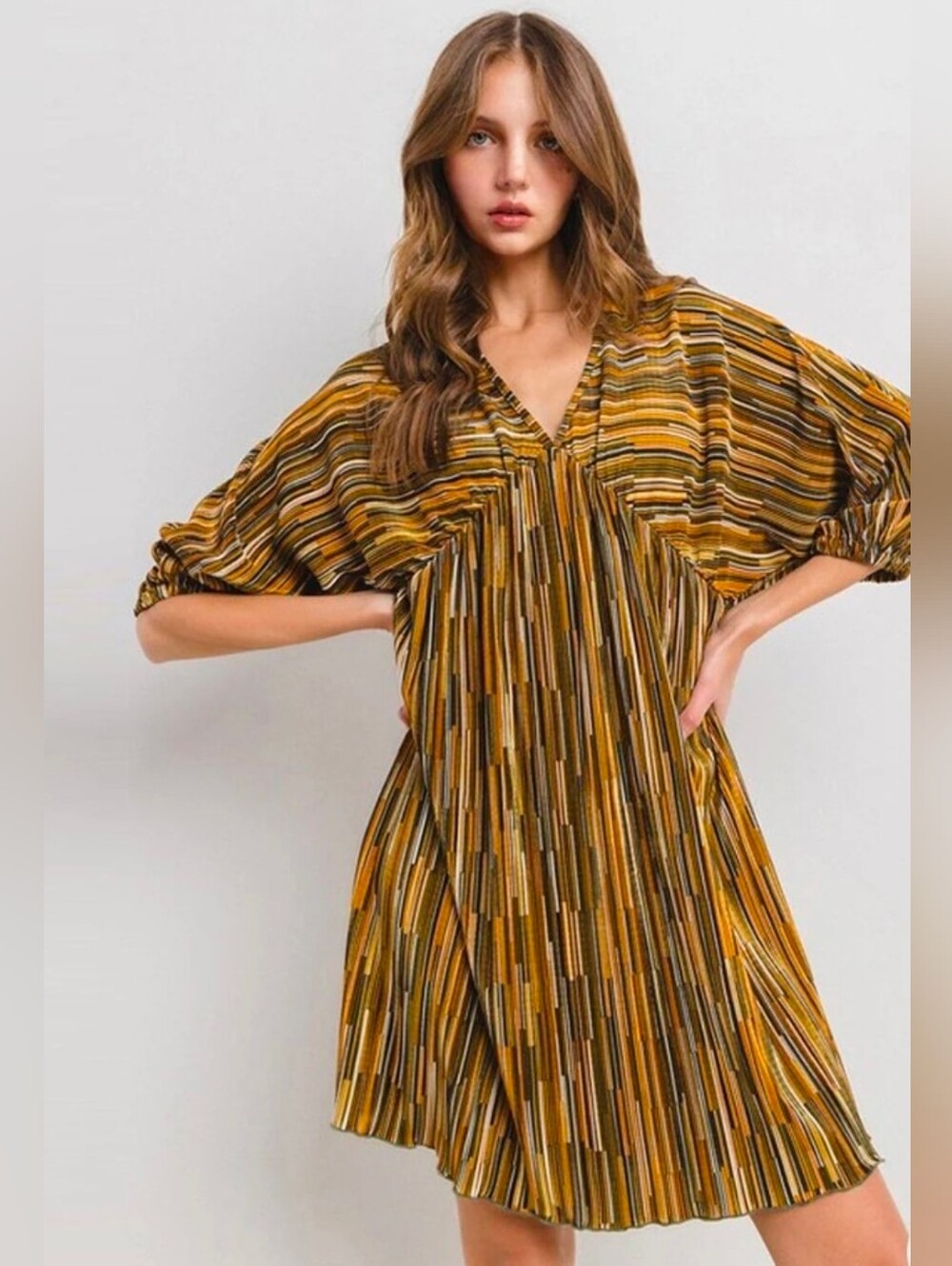 NWOT Striped V-Neck Swing Dress in Mustard
